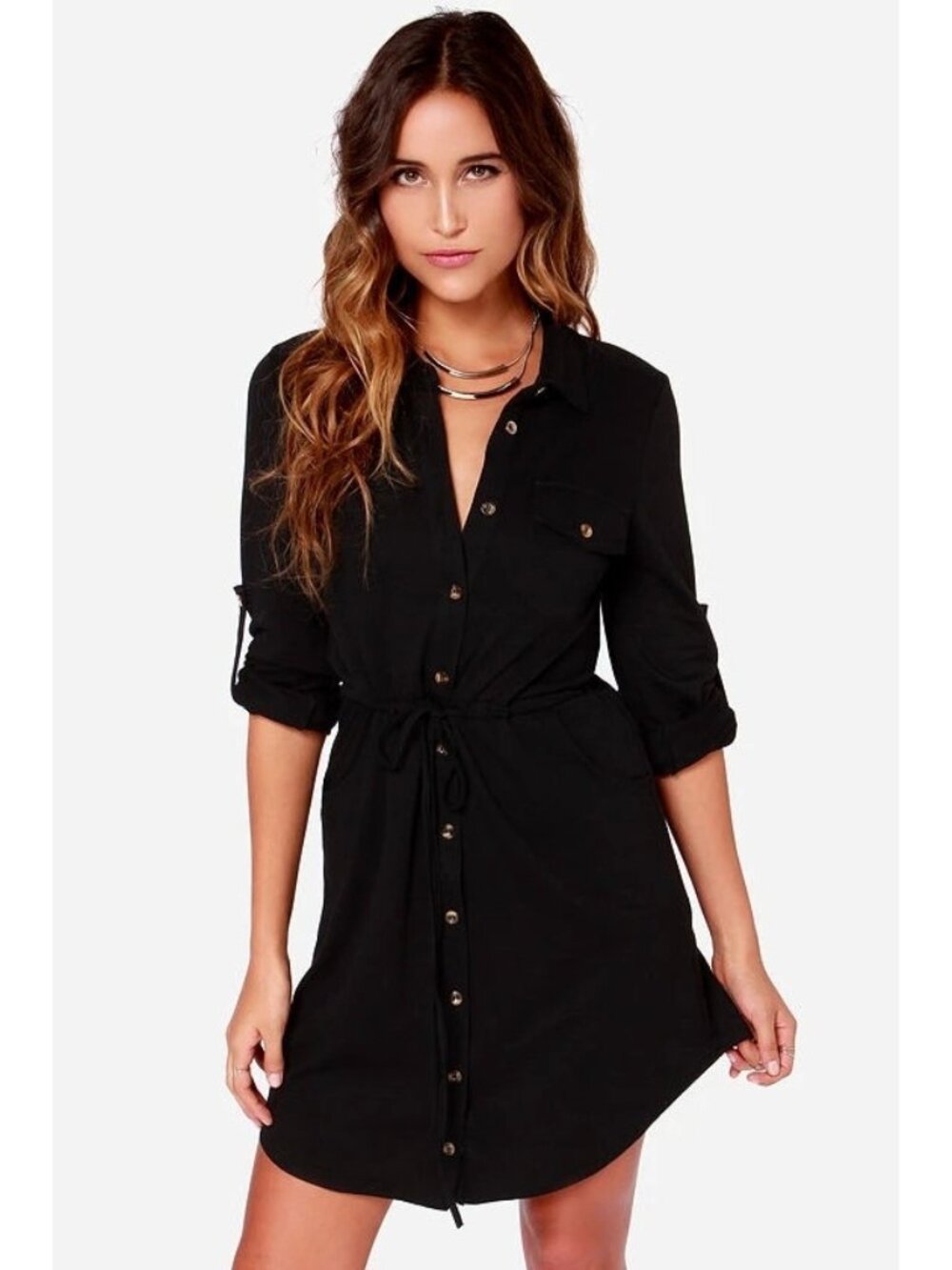 Michael Kors Dress Size XS Black Button Down Gold Button Drawstring Waist